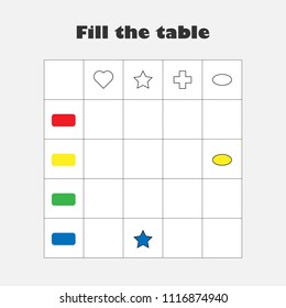 Fill the table with colorful geometric shapes for children, fun education game for kids, preschool worksheet activity, task for the development of logical thinking, vector illustration