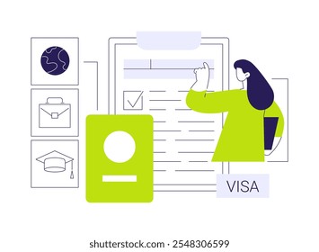 Preencha o formulário de solicitação de visto ilustração vetorial do conceito abstrato. Pessoas multirraciais preenchendo formulário para obter visto de trabalho, serviços ao cidadão, novo bilhete de identidade, permissão de entrada metáfora abstrata.