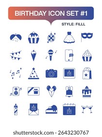 Filled Birthday Vector Icon Collection – Party Elements, Decorations, Gifts, and Celebration Symbols