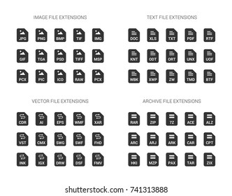 Filled black file extension flat vector icons isolated on white background. Image, text, archive, vector file types format