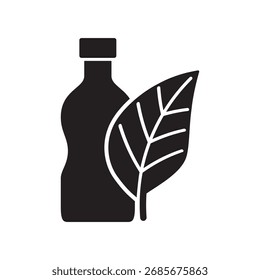 Garrafa cheia com uma folha para produto eco amigável e conceito de reciclagem.