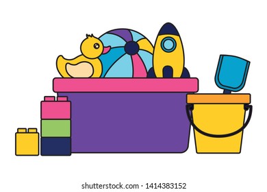 filled bucket ball duck rocket shovel kids toys vector illustration