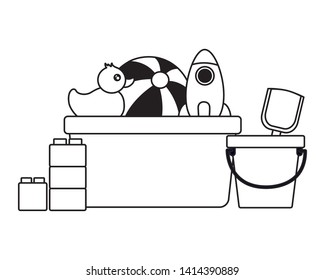 filled bucket ball duck rocket shovel kids toys vector illustration