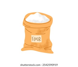 Filled canvas bag Cloth bag full of flour. There is tag with inscription flour on canvas bag. Flat Vector isolated on white background. Product Displays, Marketing, Design Projects