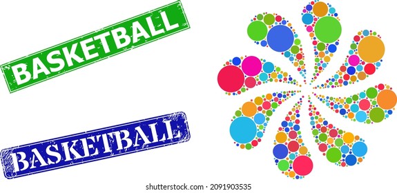 Composición del saludo de flor en movimiento de acristalamiento con icono relleno y sello de goma de básquetbol. Baloncesto azul y sellos verdes de foca gruesa rectangular de baloncesto.