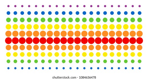 Filled Circle icon rainbow colored halftone pattern. Vector items organized into halftone grid with vertical spectral gradient. Constructed for backgrounds, covers,