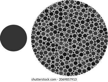 Vollkreisvektor-Mosaik aus runden Punkten in verschiedenen Größen und Farbtönen. Rundpunkte werden in eine vollflächige Vektorgrafik gruppiert. Abstrakte Vektorgrafik.