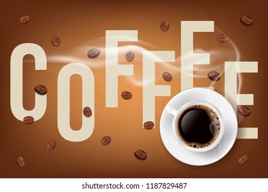 Filled coffee cup and coffee beans with description. 3d vector illustration