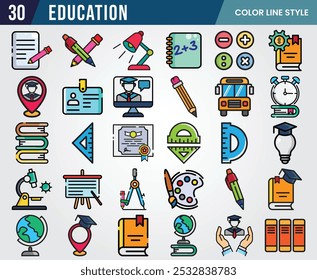 Ícones de educação de cores preenchidos ilustração de pacote de design vetorial, vários pacotes de coleção de símbolos escolares ou sinais ilustração de design