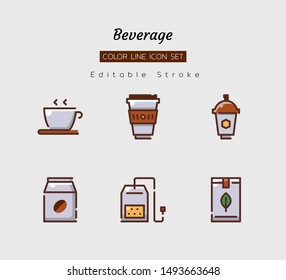 filled color line cut icon symbol set, drink beverage concept, cafe, coffee, tea, Isolated flat vector design, editable stroke