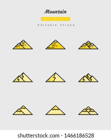 filled color line icon symbol set, mountain and cloud concept, hilltop, nature, Isolated flat vector design, editable stroke