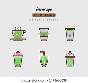 filled color line icon symbol set, drink beverage concept, cafe, green tea, Isolated flat vector design, editable stroke