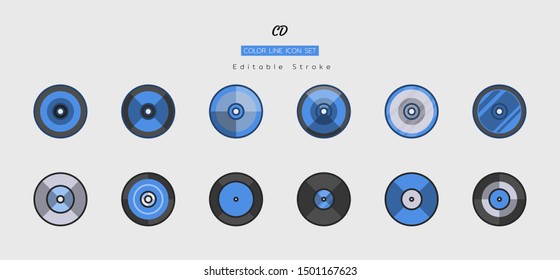 filled color line icon symbol set, technology equipment concept, digital multimedia, disc, cd-rom, dvd, style, Isolated flat vector design, editable stroke