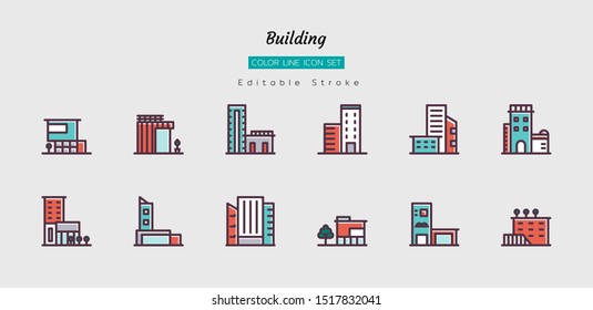 filled color line icon symbol set, architecture building concept, office, property, condo, residential, Isolated flat vector design, editable stroke