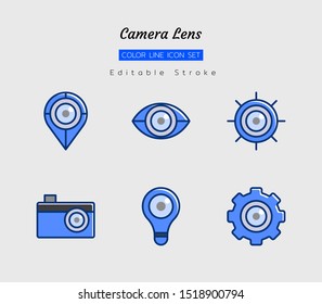 filled color line icon symbol set, camera lens concept, digital, technology, Isolated flat vector design, editable stroke