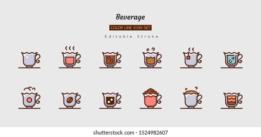 filled color line icon symbol set, drink beverage concept, cafe, tea, coffee, water, glass, Isolated flat vector design, editable stroke