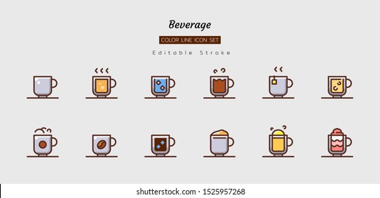 filled color line icon symbol set, drink beverage concept, cafe, tea, coffee, water, glass, Isolated flat vector design, editable stroke