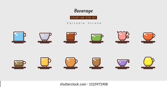 filled color line icon symbol set, drink beverage concept, cafe, cup, glass, Isolated flat vector design, editable stroke