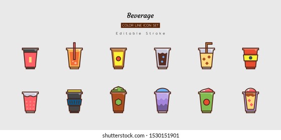 filled color line icon symbol set, drink beverage concept, cafe, cup, coffee, tea, Isolated flat vector design, editable stroke