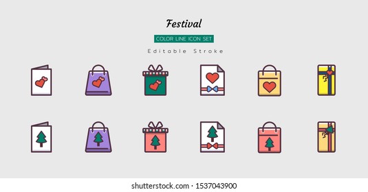 filled color line icon symbol set, festival celebration concept, christmas, new year, valentine, present, Isolated flat vector design, editable stroke