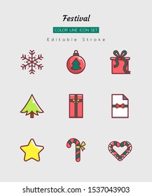 filled color line icon symbol set, festival celebration concept, christmas, new year, valentine, gift, Isolated flat vector design, editable stroke