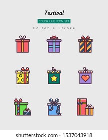 filled color line icon symbol set, festival celebration concept, christmas, new year, present box, Isolated flat vector design, editable stroke