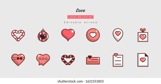 filled color line icon symbol set, festival celebration concept, happy valentine's day, heart love, Isolated flat vector design, editable stroke