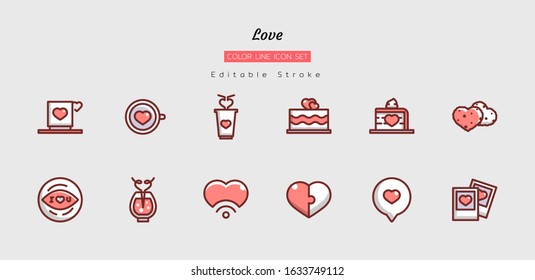 filled color line icon symbol set, love concept, happy valentine's day, heart, pink sweet, Isolated flat vector design, editable stroke