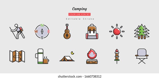 filled color line icon symbol set, camping trips concept, backpacking, activity, adventure, Isolated flat vector design, editable stroke