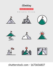 filled color line icon symbol set, climbing concept, hiking, backpacking, activity, adventure, Isolated flat vector design, editable stroke