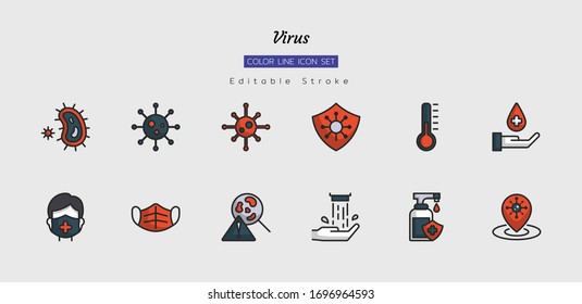 filled color line icon symbol set, virus concept, disease, infection, protection, health, Isolated flat vector design, editable stroke