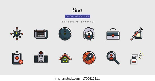 filled color line icon symbol set, virus concept, infection, protection, health, Isolated flat vector design, editable stroke