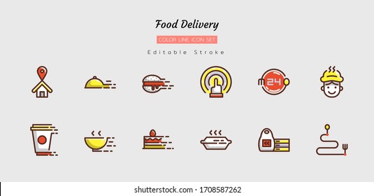 filled color line icon symbol set, food delivery concept, fast service, order, Isolated flat vector design, editable stroke
