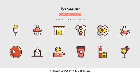 Füllfarbensymbol-Set, Restaurantkonzept, Essen, Trinken, Einzelne Vektorillustration-Design, bearbeitbarer Strich