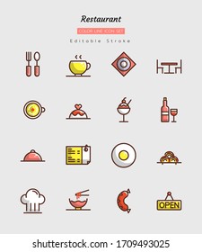 filled color line icon symbol set, restaurant concept, food, drink, Isolated flat vector design, editable stroke