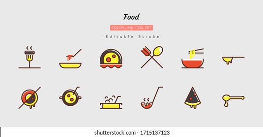 filled color line icon symbol set, food concept, time at home cooking, meal, Isolated flat vector design, editable stroke