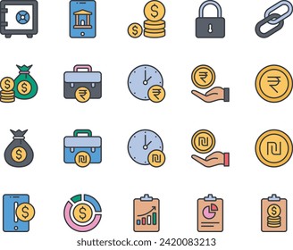 Filled color outline icons set for Banking and Finance.