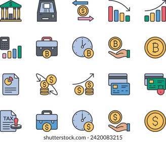 Filled color outline icons set for Banking and Finance.