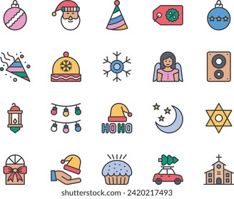 Filled color outline icons set for Merry Christmas.
