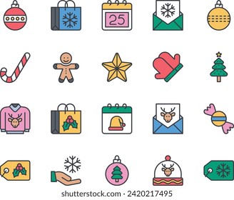 Filled color outline icons set for Merry Christmas.