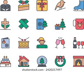 Filled color outline icons set for Merry Christmas.