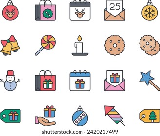 Filled color outline icons set for Merry Christmas.