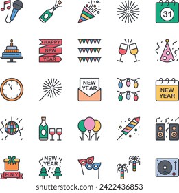 Filled color outline icons set for Happy new year.