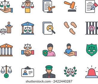 Filled color outline icons set for Law and Justice.