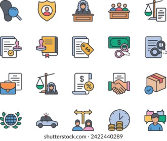 Filled color outline icons set for Law and Justice.