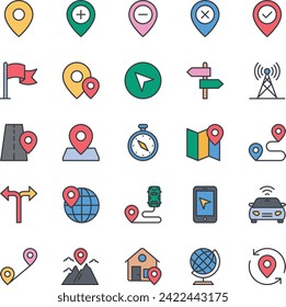 Filled color outline icons set for Map and navigation.