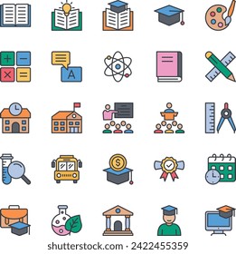 Iconos de contorno de color rellenados establecidos para la educación escolar.