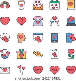 Filled color outline icons set for Valentine's day.