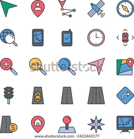 Filled color outline icons set for Map and navigation.