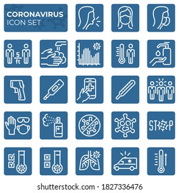 Filled coronavirus icons set. Second wave of coronavirus epidemics. COVID-19 prevention and protection block linear sign collection. Vector symbols, icons mask, social distance, stop virus